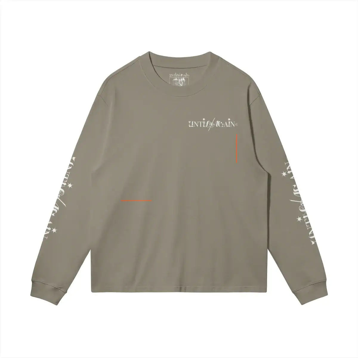 Taupe streetwear long sleeve shirt with white gothic logo and star accents on sleeves