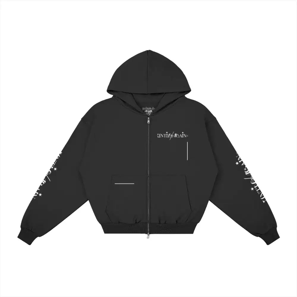 UNTIL/AGAIN limited drop black zip-up hoodie with white logo and sleeve graphics