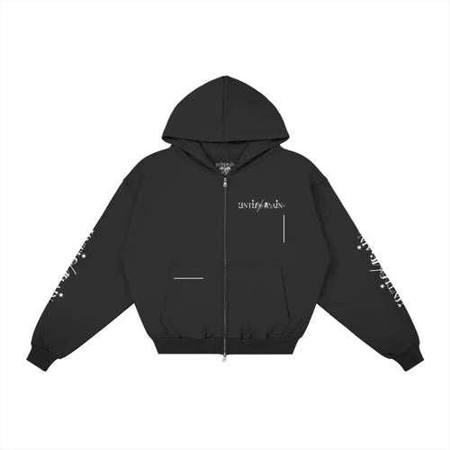 UNTIL/AGAIN limited drop black zip-up hoodie with white logo and sleeve graphics