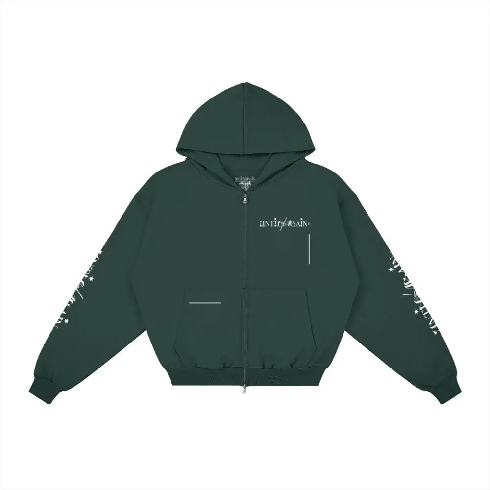 UNTIL/AGAIN limited drop green zip hoodie with white print and graphic sleeve details